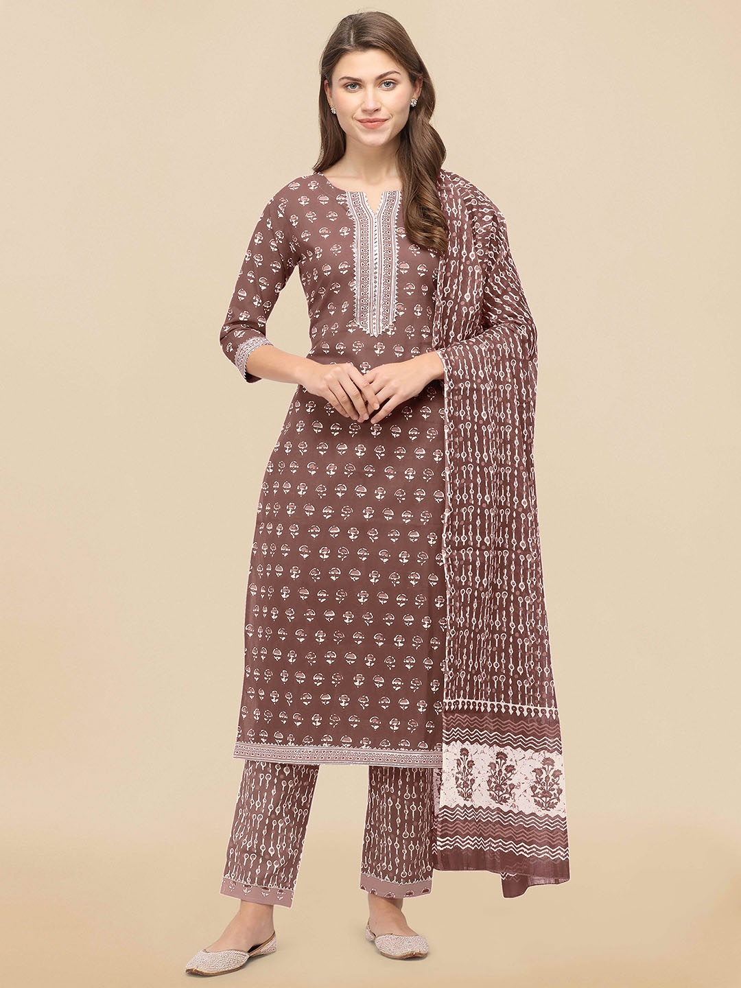 

KALINI Women Brown Ethnic Motifs Printed Gotta Patti Pure Cotton Kurta with Trousers & With Dupatta