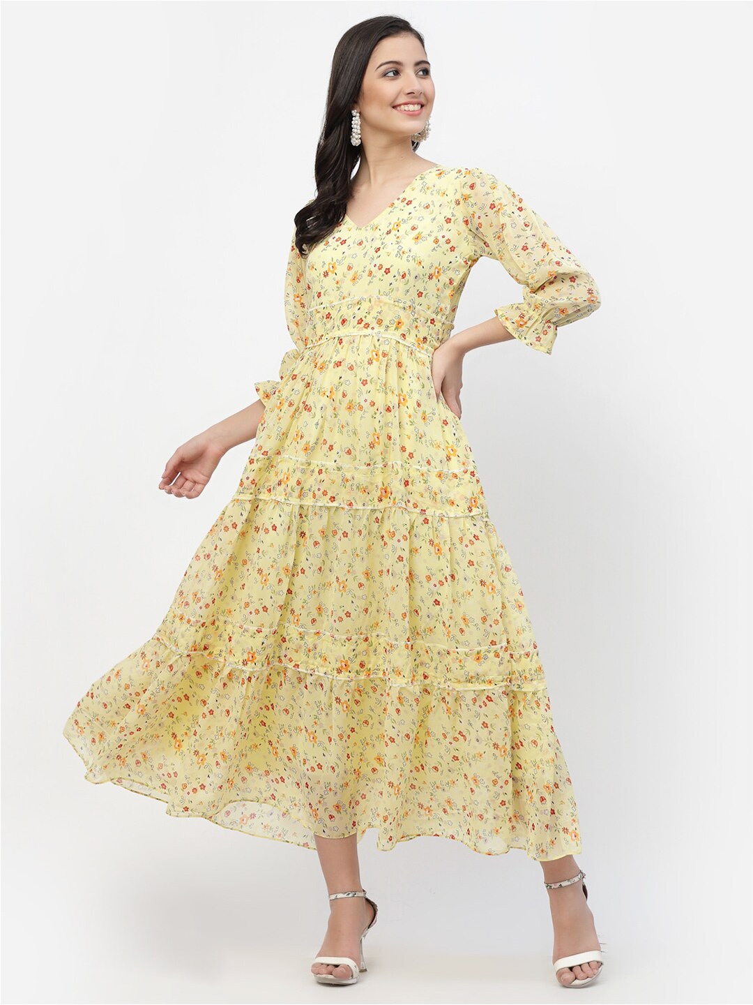 

MISS AYSE Women Yellow Floral Georgette Midi Dress
