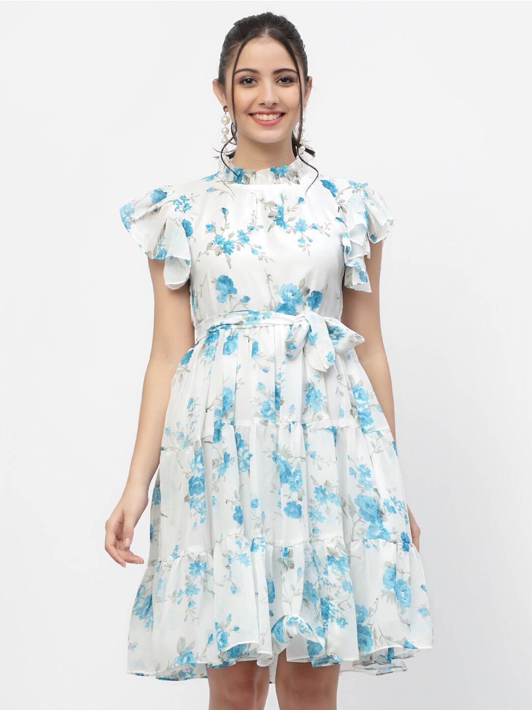 

MISS AYSE Women White & Blue Floral Georgette Dress