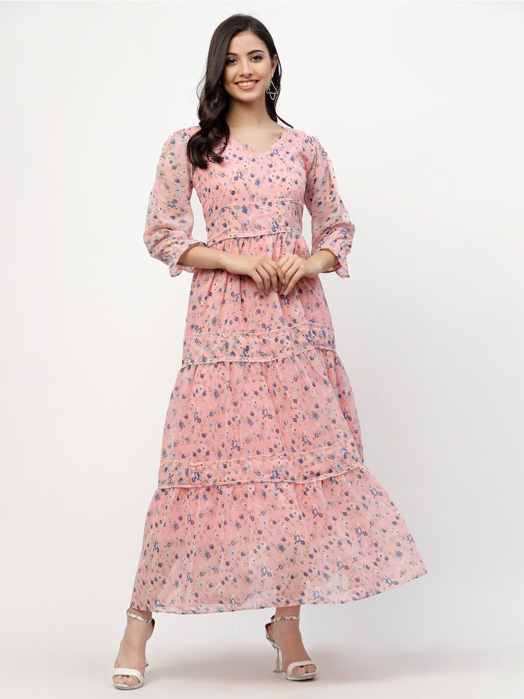 

MISS AYSE Women Peach Floral Georgette Maxi Maxi Dress