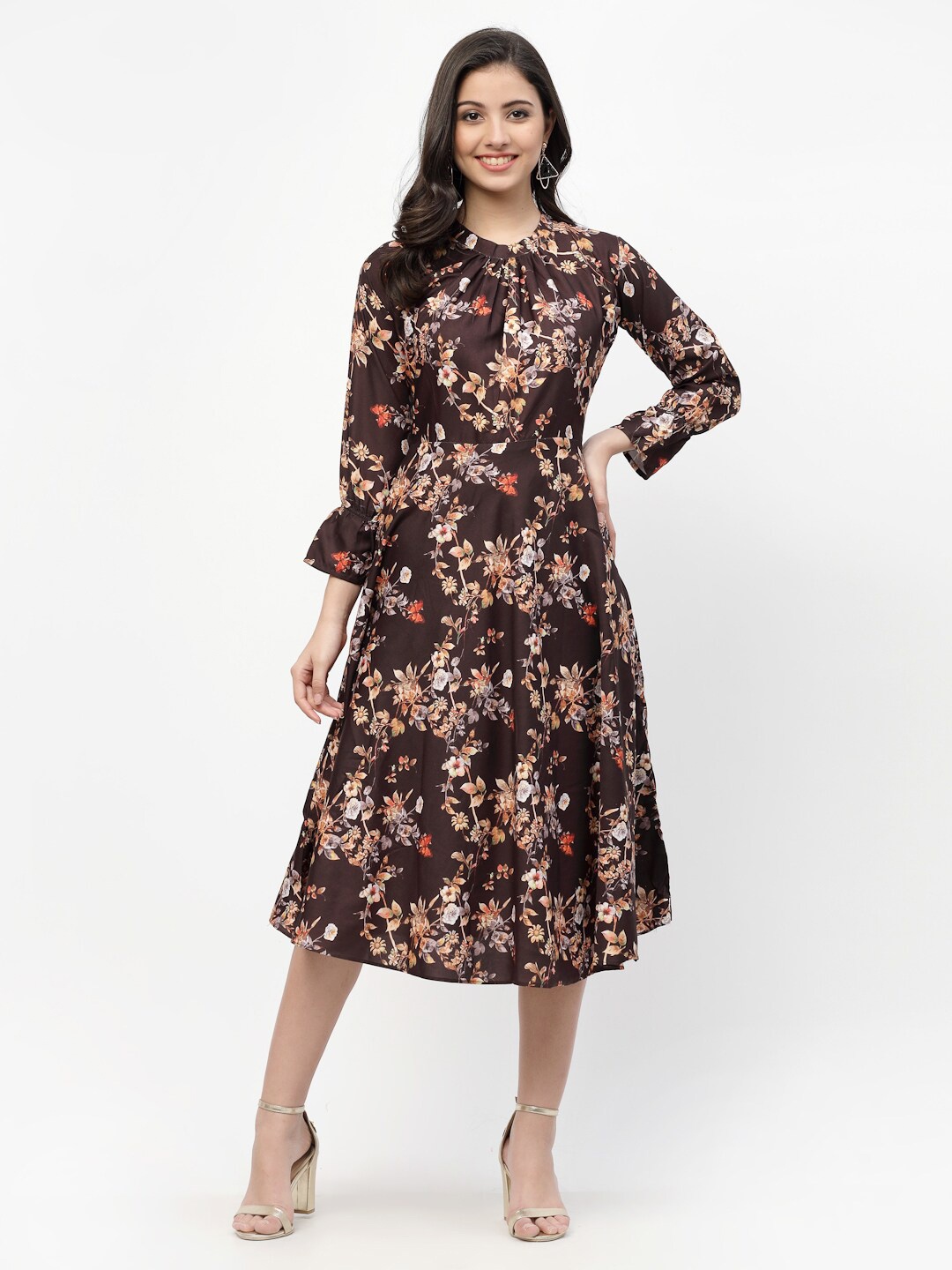 

MISS AYSE Brown Floral Tie-Up Neck Midi Dress