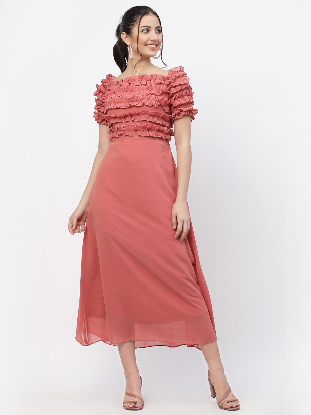 

MISS AYSE Peach-Coloured Georgette A-Line Midi Dress