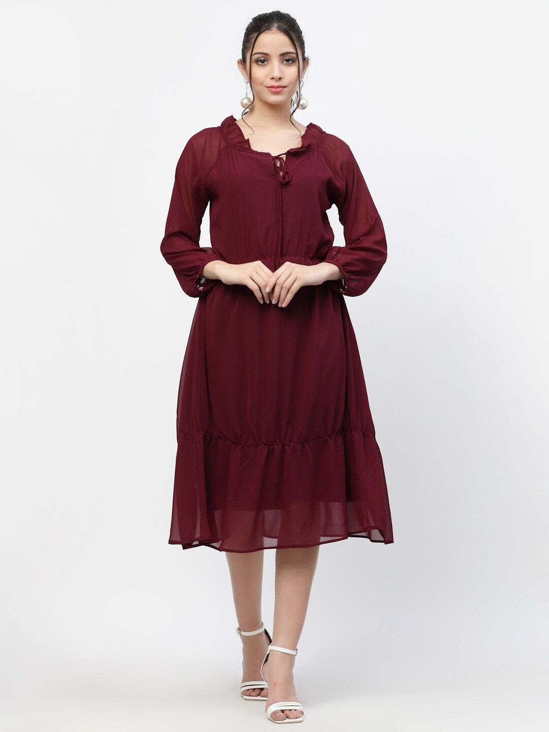

MISS AYSE Maroon Tie-Up Neck Georgette A-Line Midi Dress
