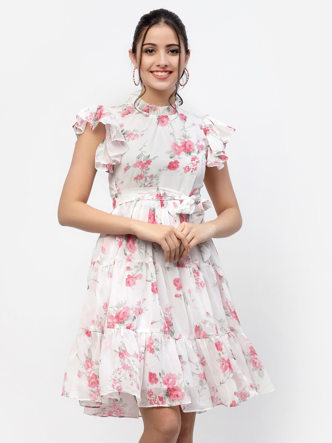 

MISS AYSE White & Pink Floral Georgette Dress