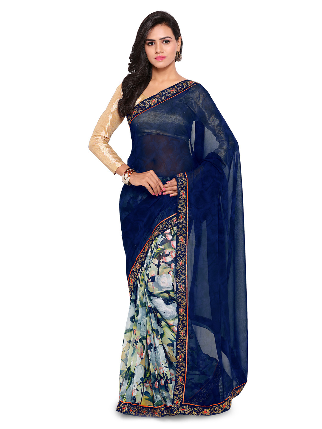 

Kalista Navy Blue & Off-White Pure Georgette Printed Saree