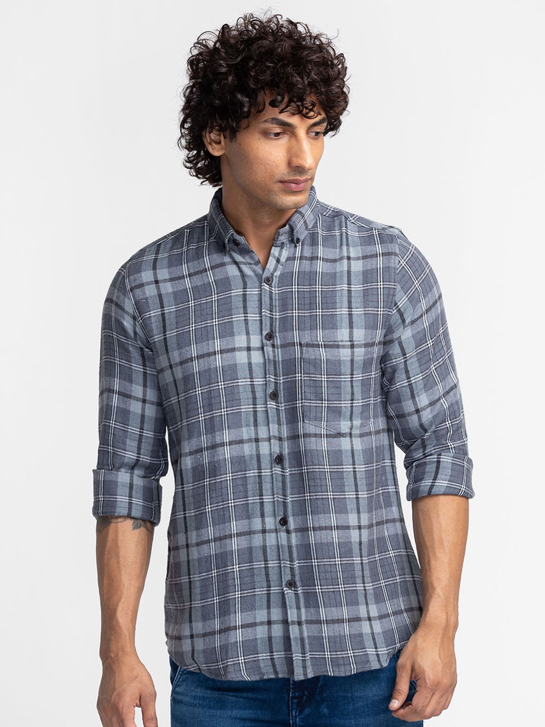 

Nick&Jess Men Standard Slim Fit Tartan Checks Checked Casual Shirt, Grey