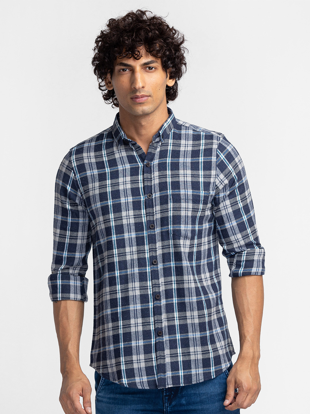 

Nick&Jess Men Navy Blue Standard Slim Fit Tartan Checks Checked Casual Shirt
