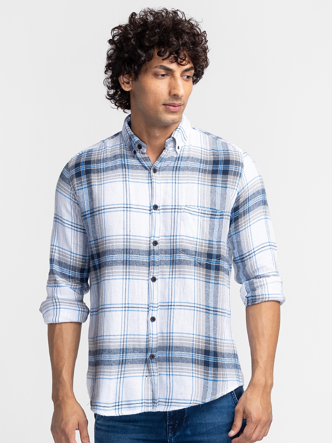 

Nick&Jess Men White Standard Slim Fit Tartan Checks Checked Casual Shirt