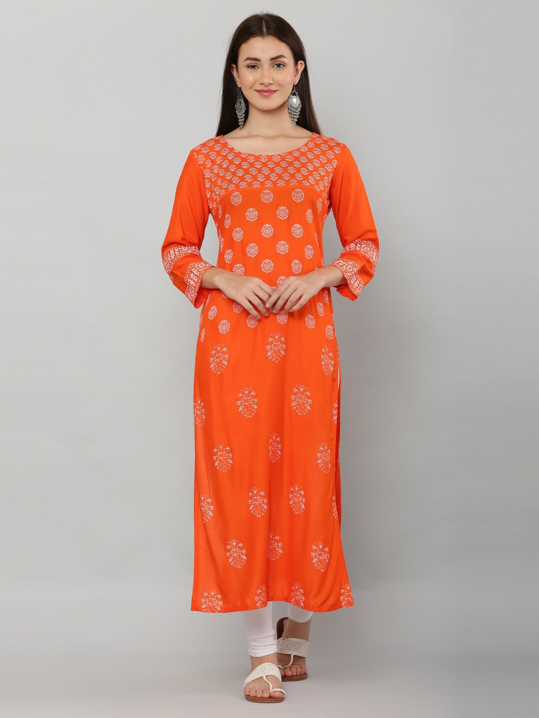 

DEGE Ethnic Motifs Printed Floral Straight Fit Kurta, Orange