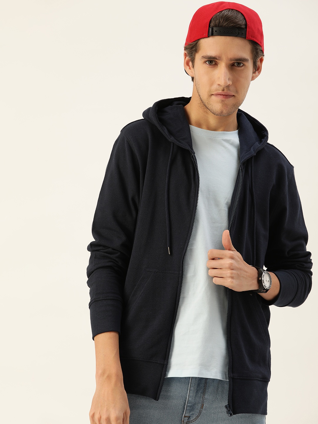 

Kook N Keech Men Navy Blue Solid Pure Cotton Hooded Sweatshirt