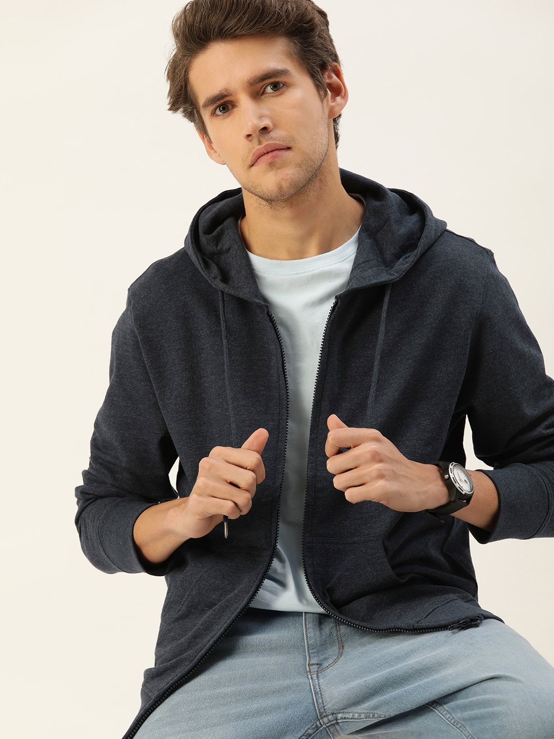

Kook N Keech Men Blue Solid Pure Cotton Hooded Sweatshirt