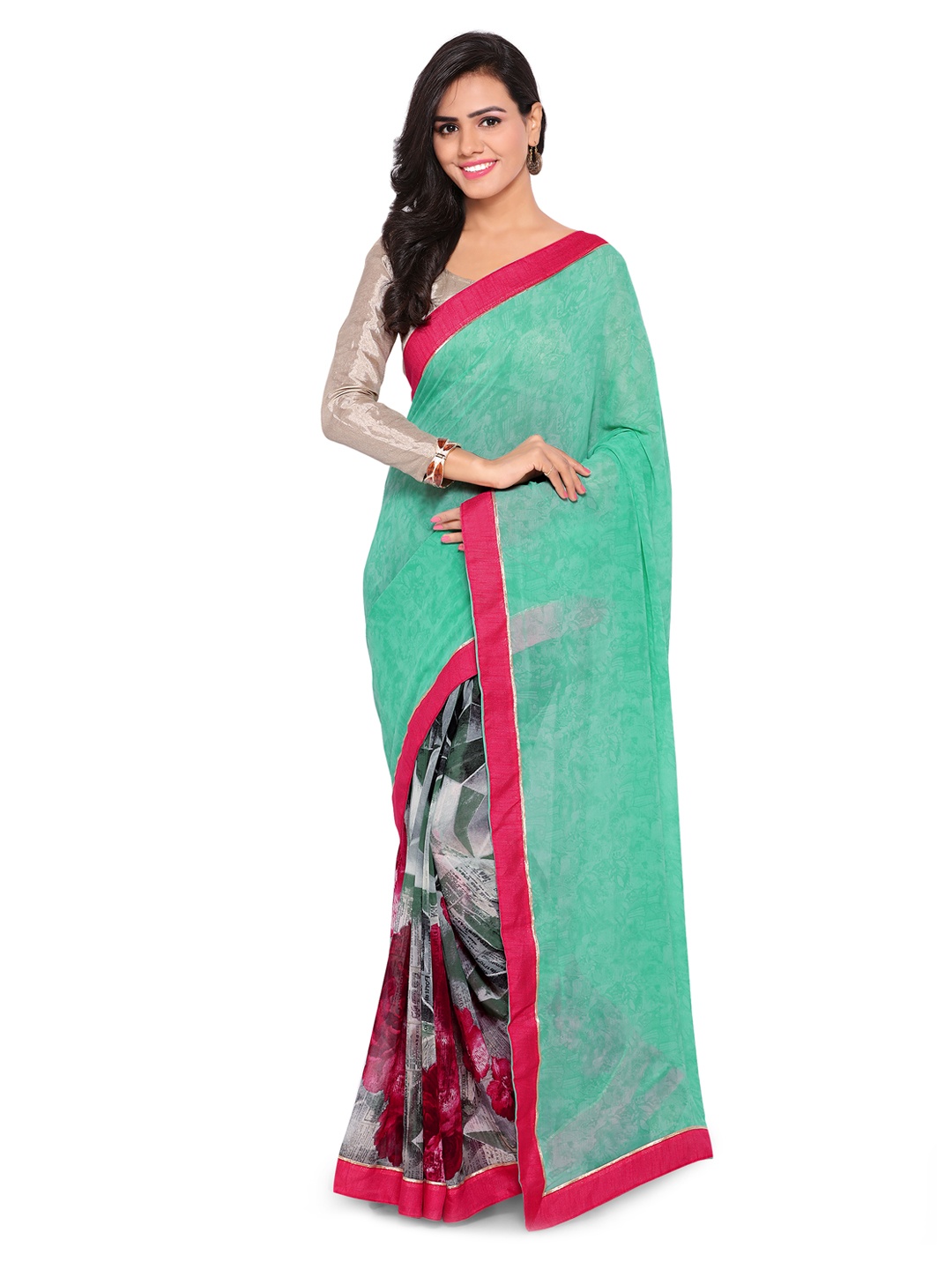 

Kalista Sea Green & Grey Pure Georgette Printed Saree