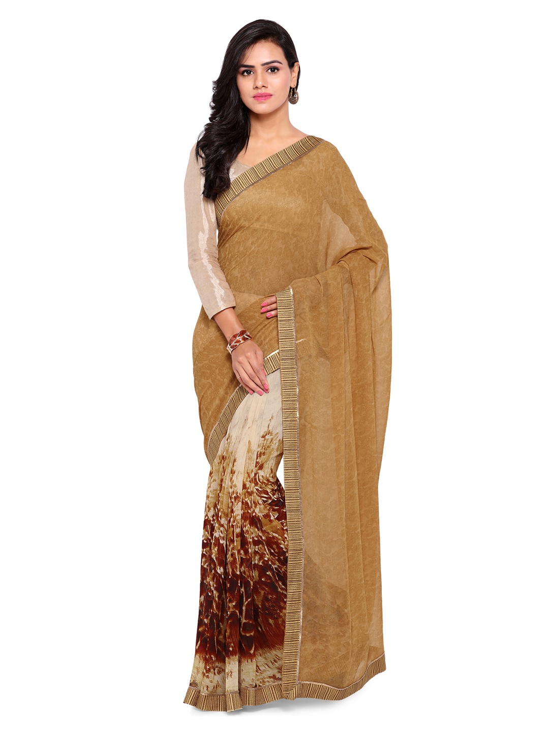 

Kalista Brown Pure Georgette Printed Banarasi Saree