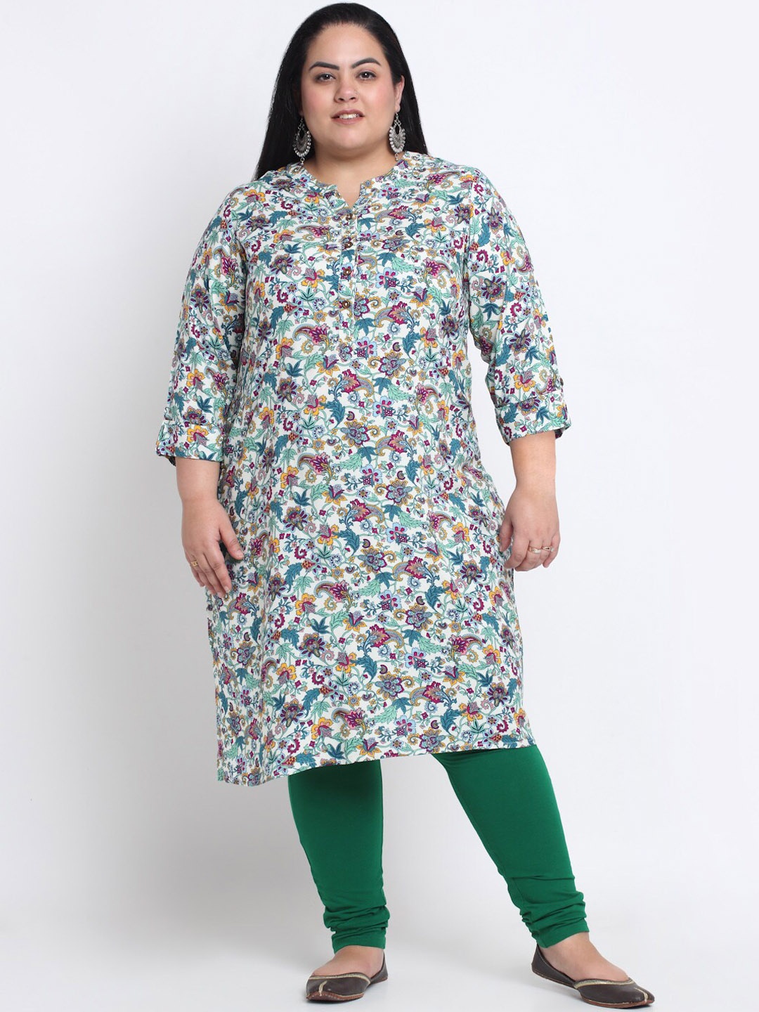 

plusS Band Collar Floral Printed Kurta, Green