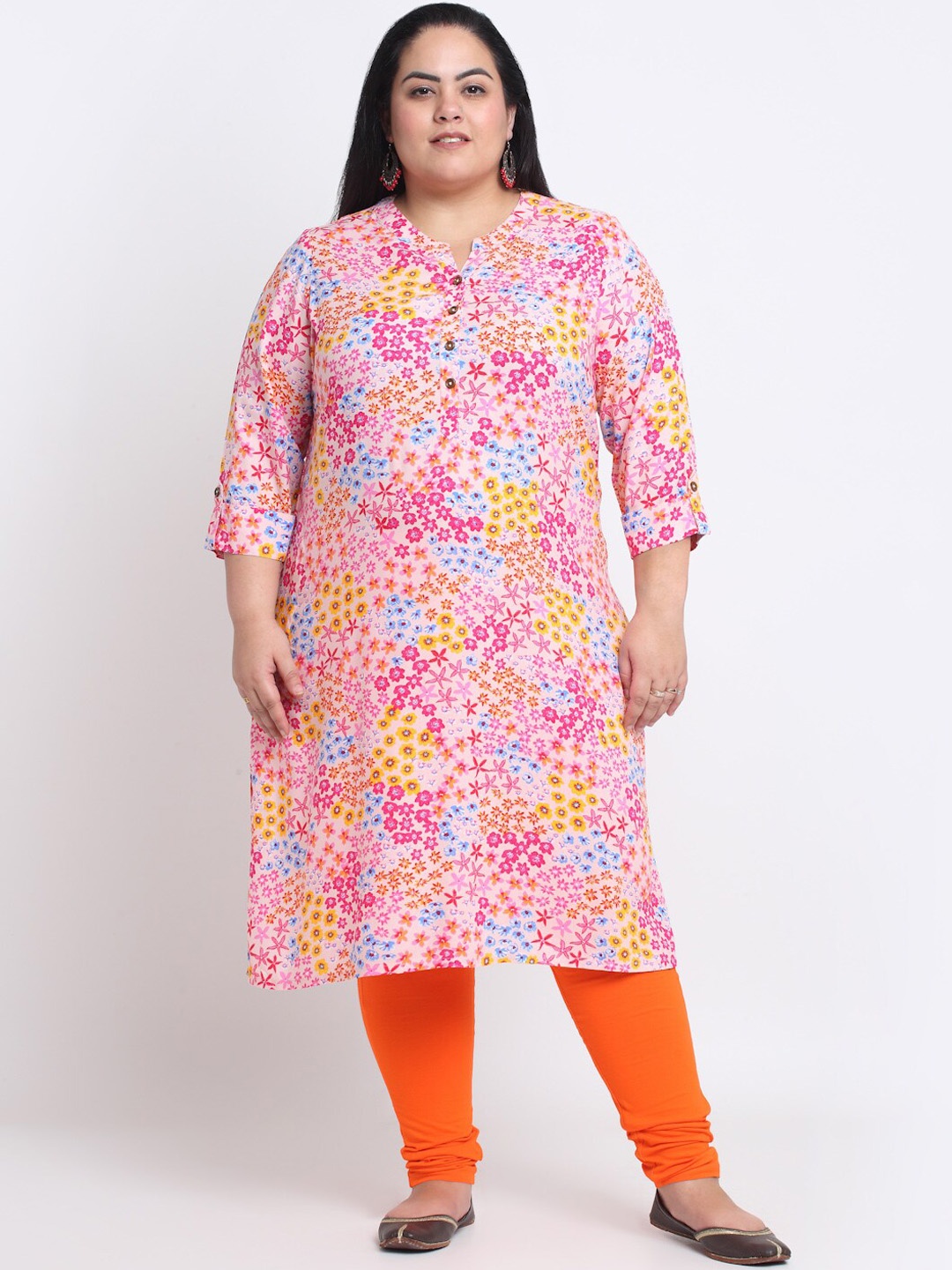 

plusS Floral Printed Mandarin Collar A-Line Curved Regular Kurta, Pink