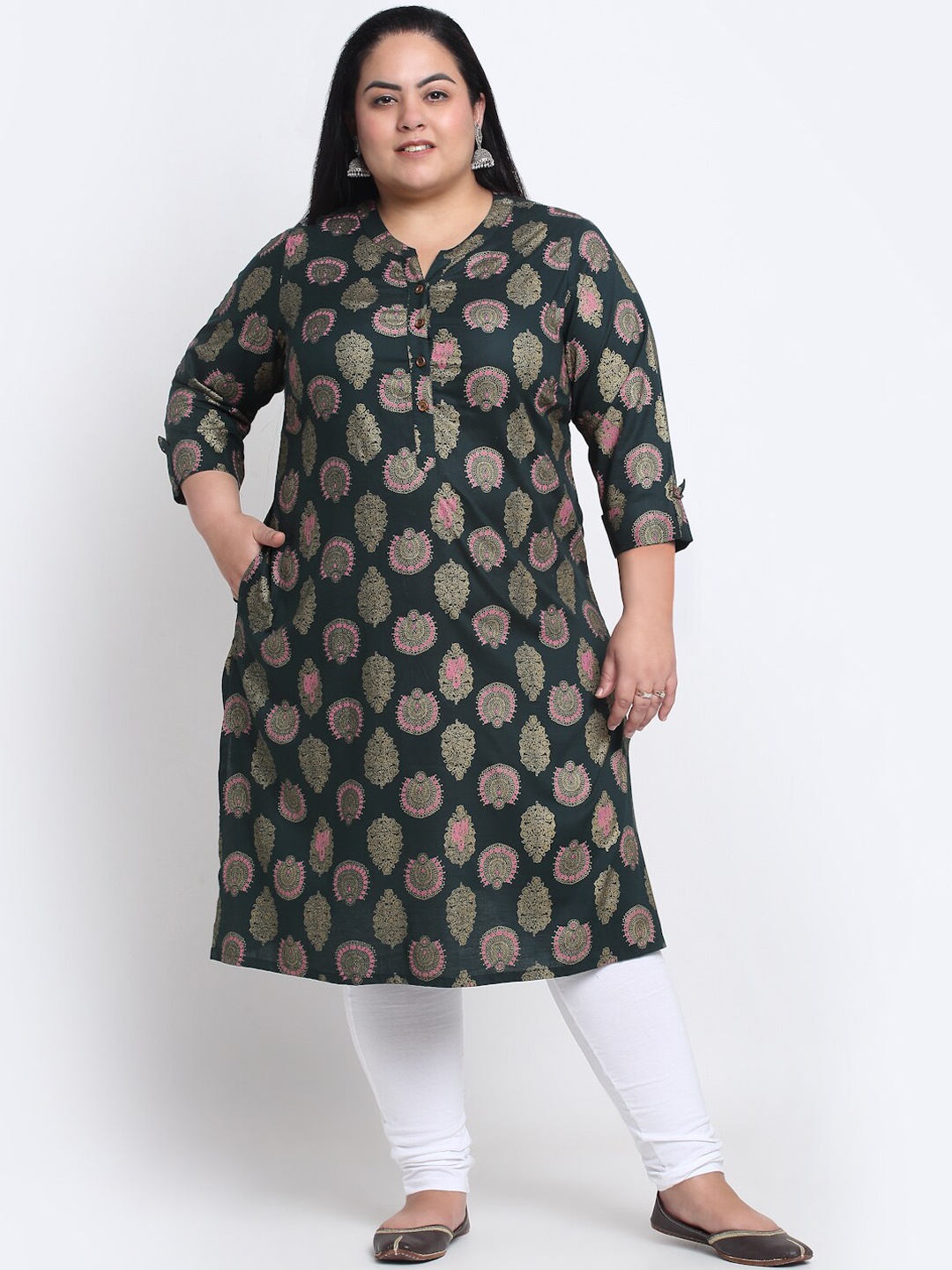 

plusS Ethnic Motifs Printed Mandarin Collar A-Line Regular Kurta, Green