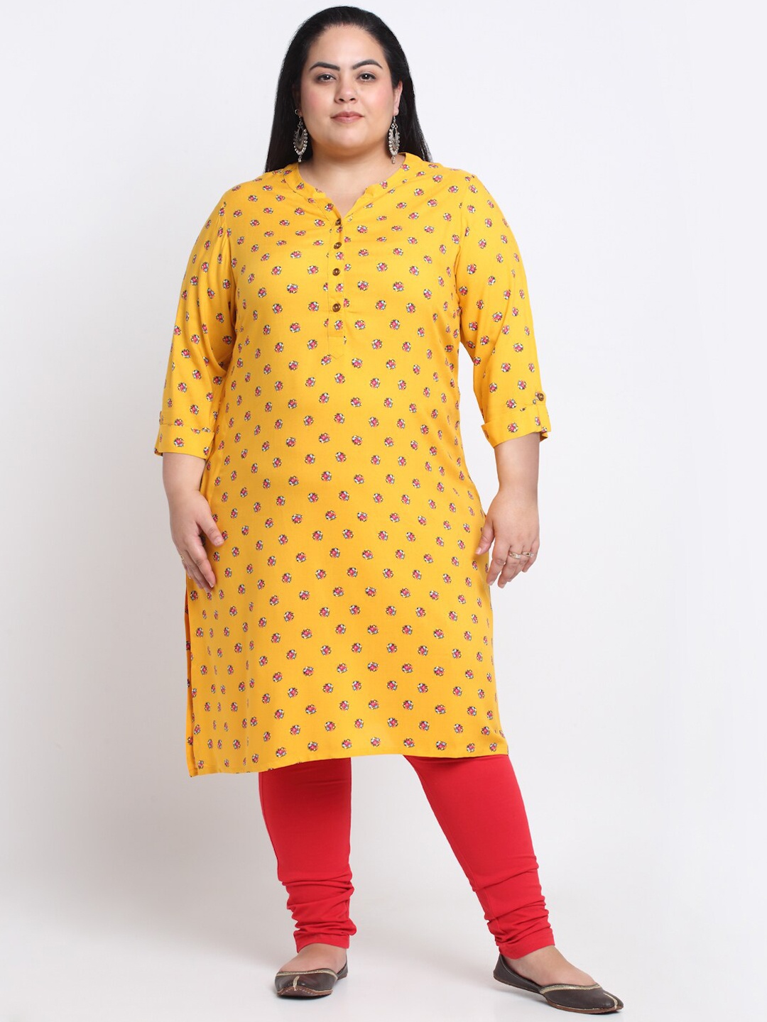 

plusS Mandarin Collar Floral Printed Kurta, Yellow