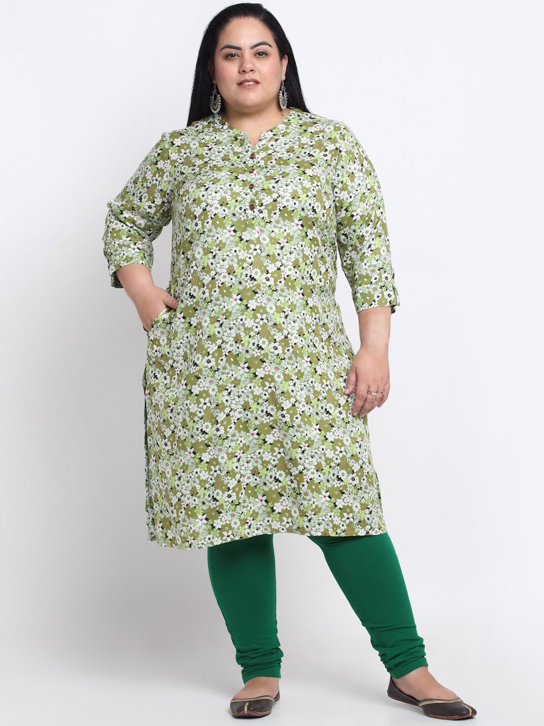 

plusS Floral Printed Mandarin Collar Kurta, Olive