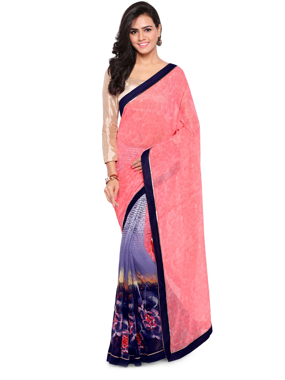 

Kalista Peach-Coloured & Blue Printed Pure Georgette Saree