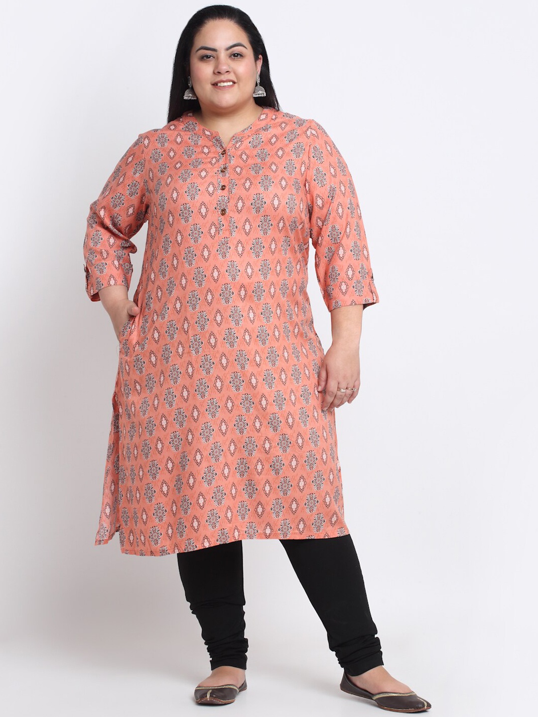 

plusS Plus Size Mandarin Collar Floral Printed Straight Kurta, Coral