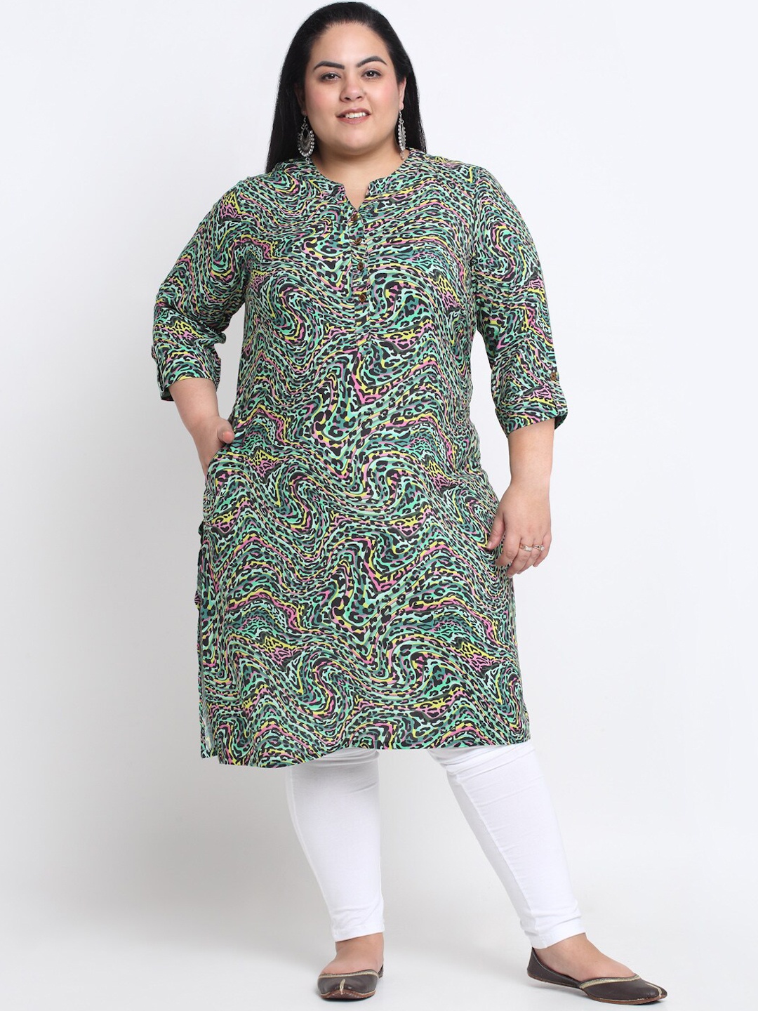 

plusS Plus Size Mandarin Collar Abstract Printed Kurta, Green