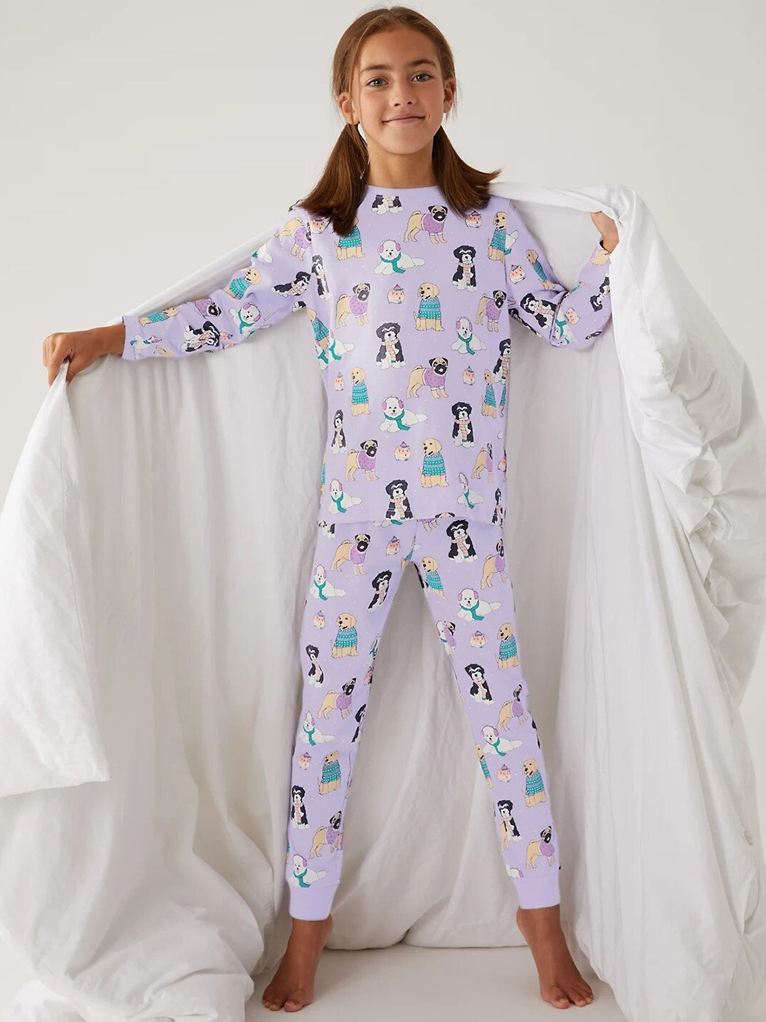 

Marks & Spencer Girls Purple & Brown Printed Night suit