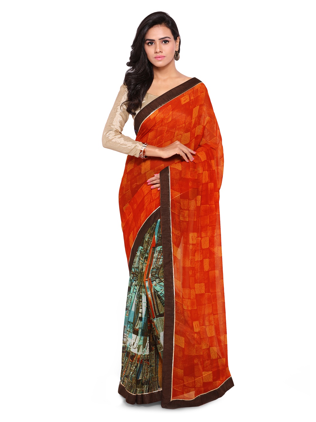 

Kalista Orange & Brown Pure Georgette Printed Saree