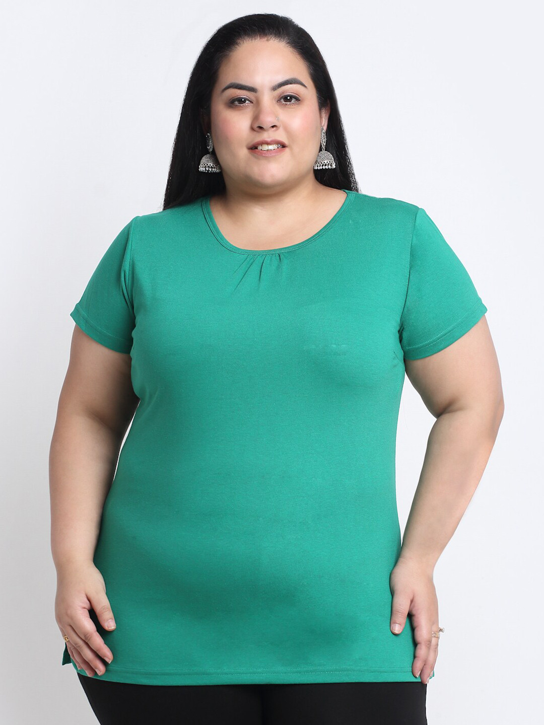 

plusS Women Plus Size Green Cotton T-shirt