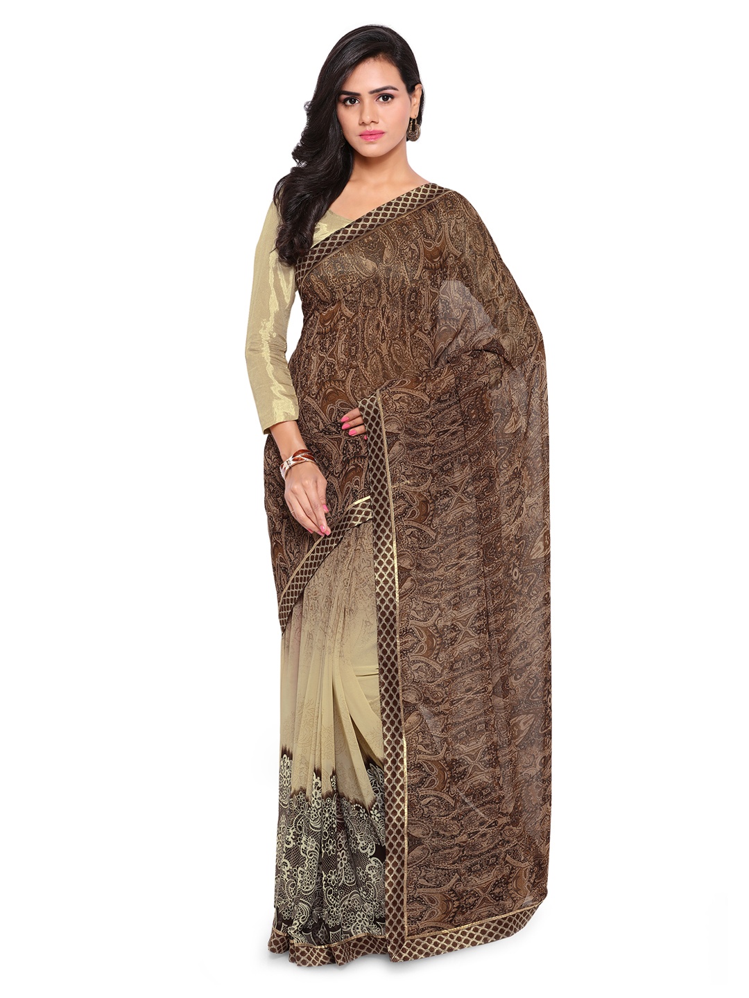 

Kalista Brown Printed Pure Georgette Saree