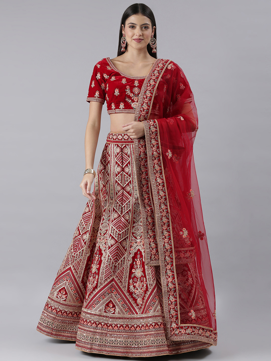 

flaher Embroidered Beads & Stones Semi-Stitched Lehenga & Blouse With Dupatta, Maroon