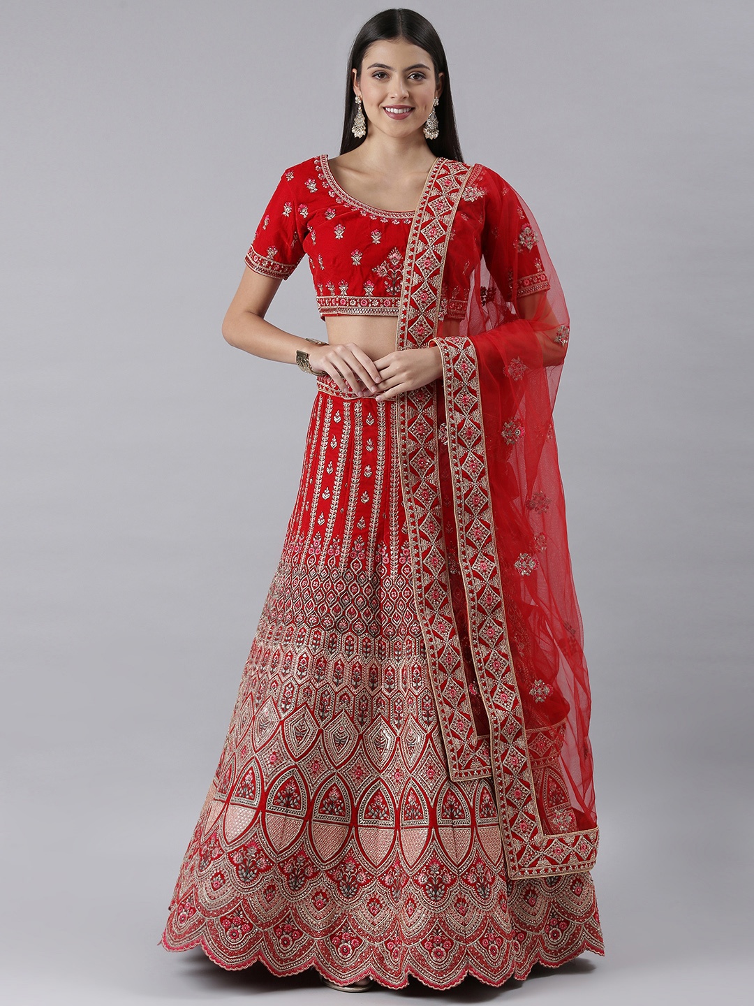 

flaher Embroidered Beads & Stones Semi-Stitched Lehenga & Unstitched Blouse With Dupatta, Red