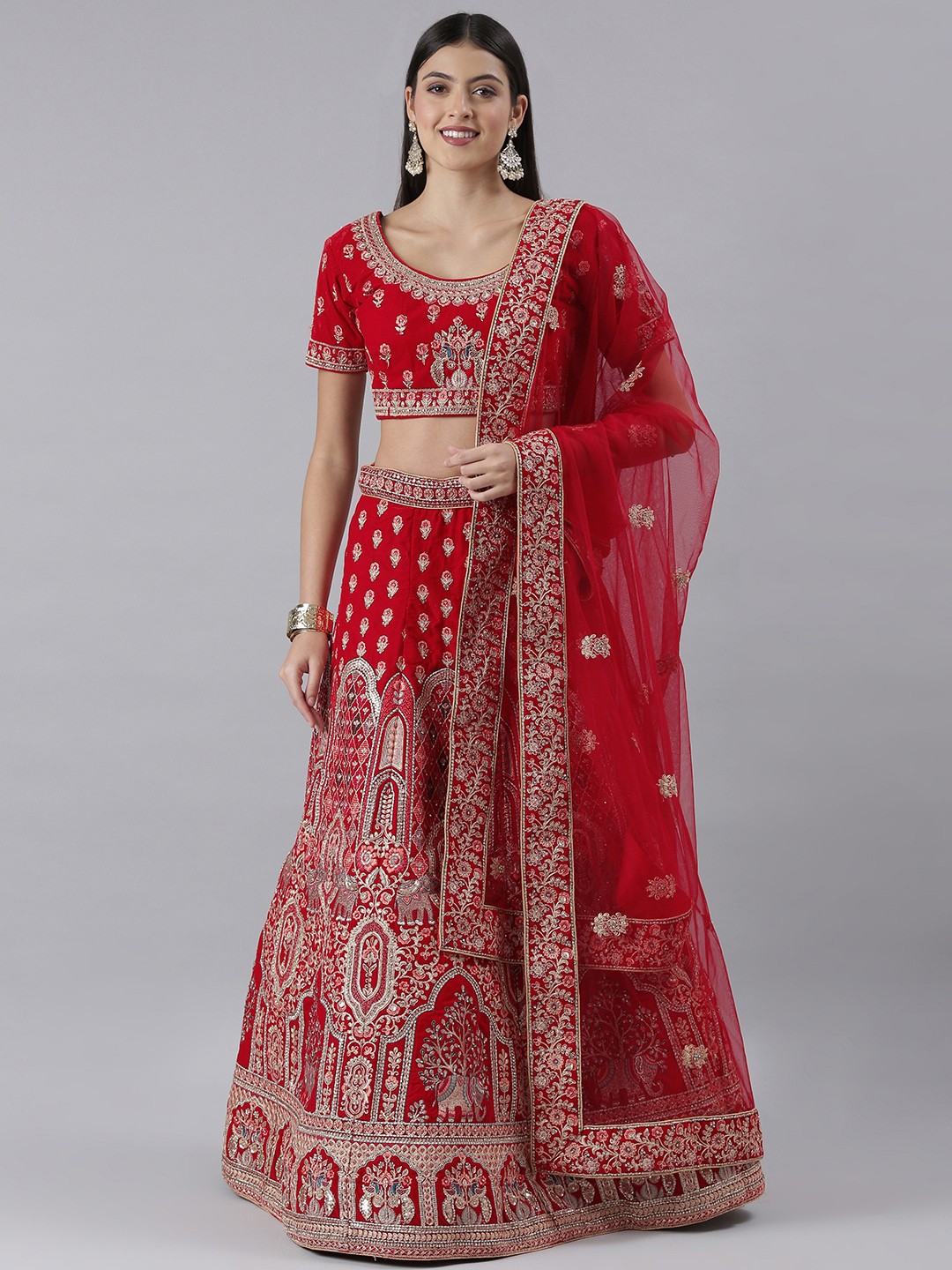 

flaher Embroidered Beads & Stones Semi-Stitched Lehenga & Unstitched Blouse With Dupatta, Red
