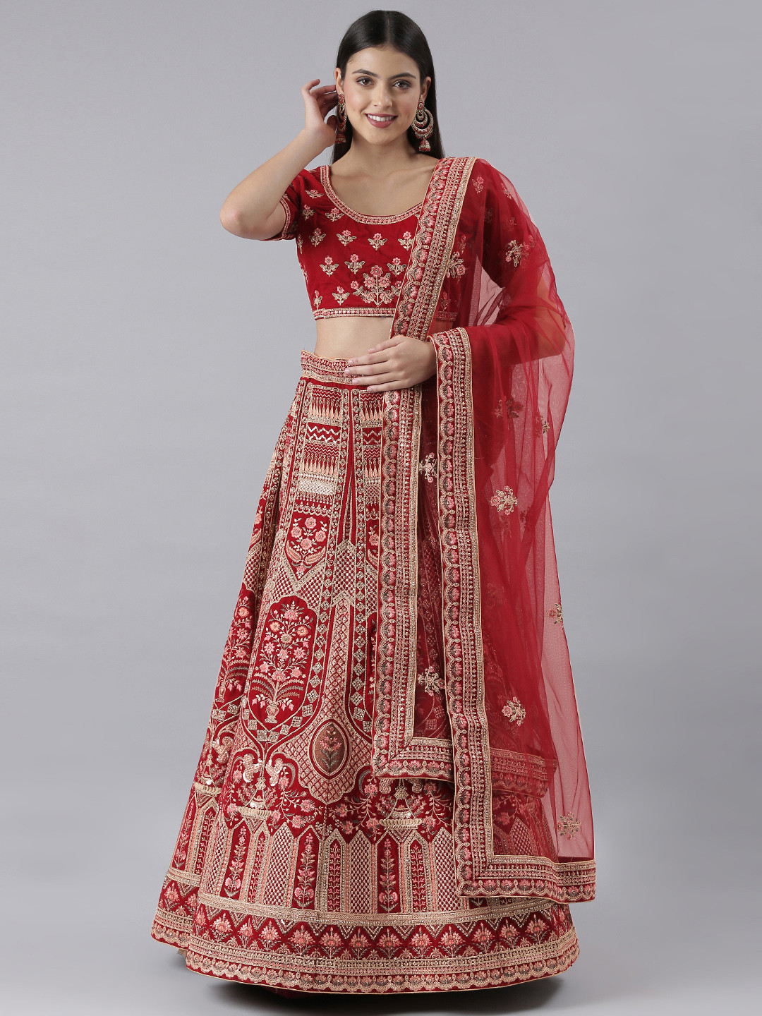 

flaher Embroidered Beads & Stones Semi-Stitched Lehenga & Blouse With Dupatta, Maroon
