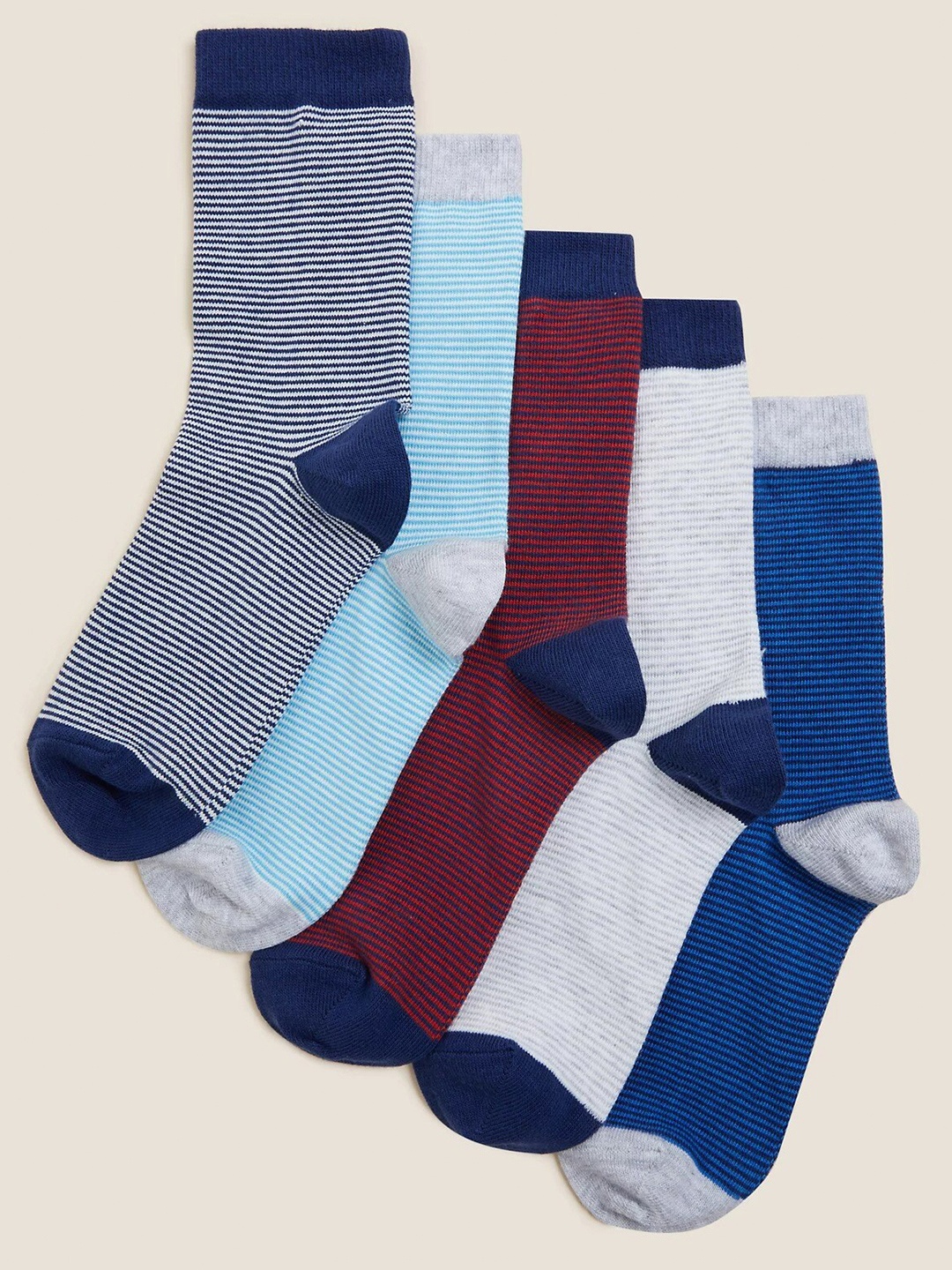 

Marks & Spencer Boys Pack Of 5 Striped Calf-Length Socks, Blue