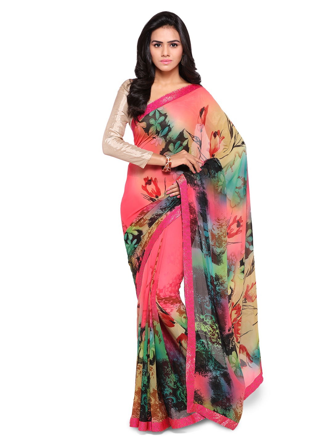 

Kalista Peach-Coloured Printed Poly Georgette Saree