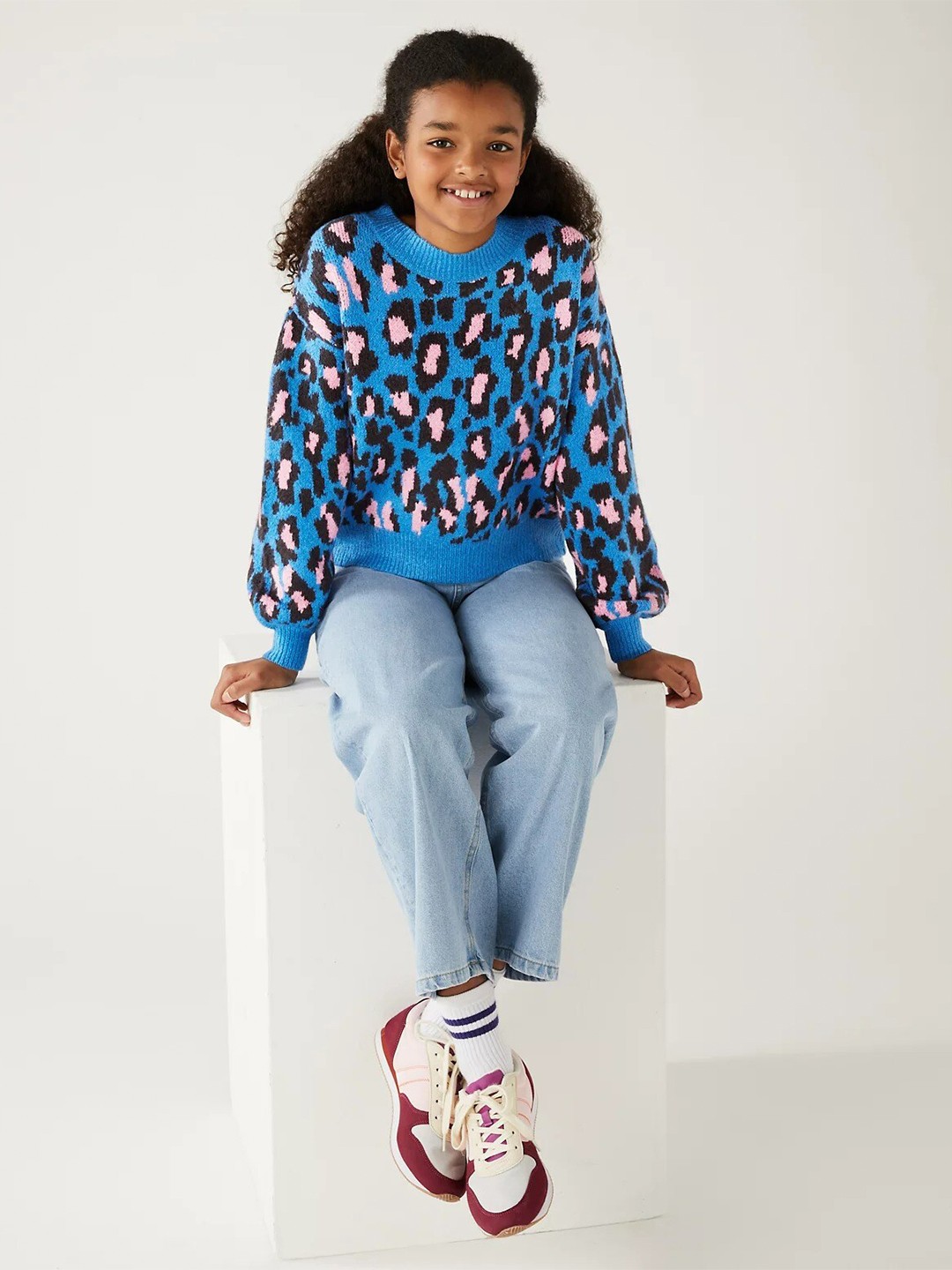 

Marks & Spencer Girls Blue & Black Animal Printed Cotton Pullover Sweater