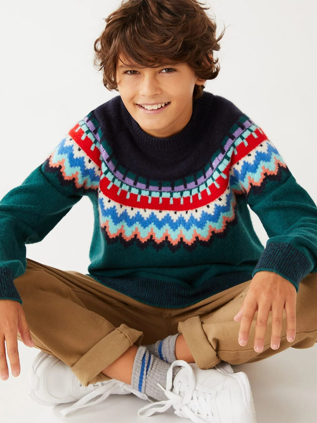 

Marks & Spencer Boys Green & Red Printed Cotton Pullover Sweater