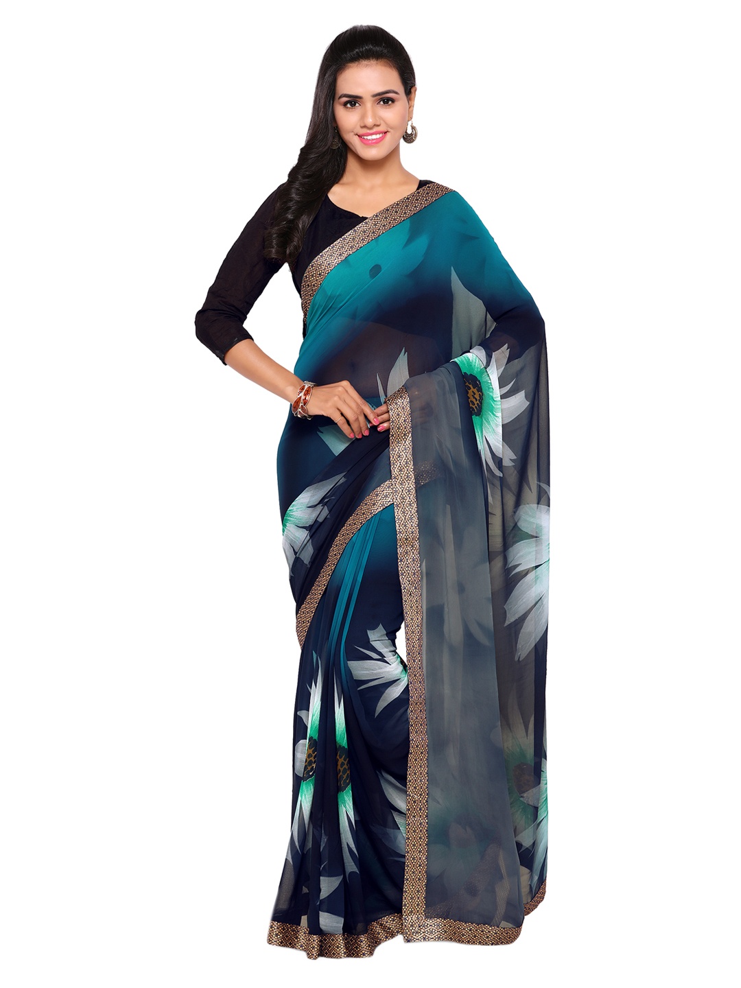 

Kalista Blue & Black Poly Georgette Printed Saree
