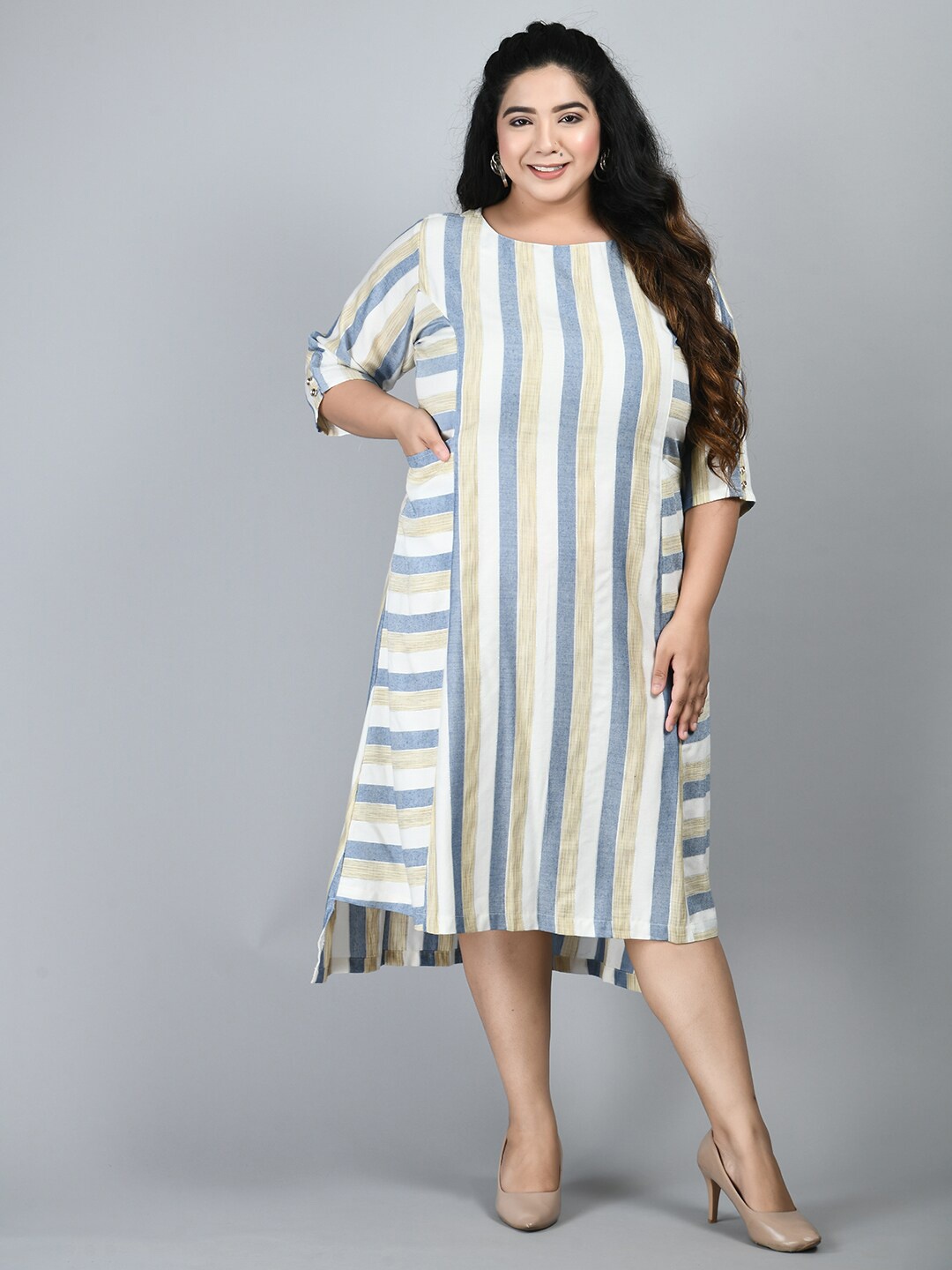 

PrettyPlus by Desinoor.com Plus Size Blue & White Striped A-Line Midi Dress