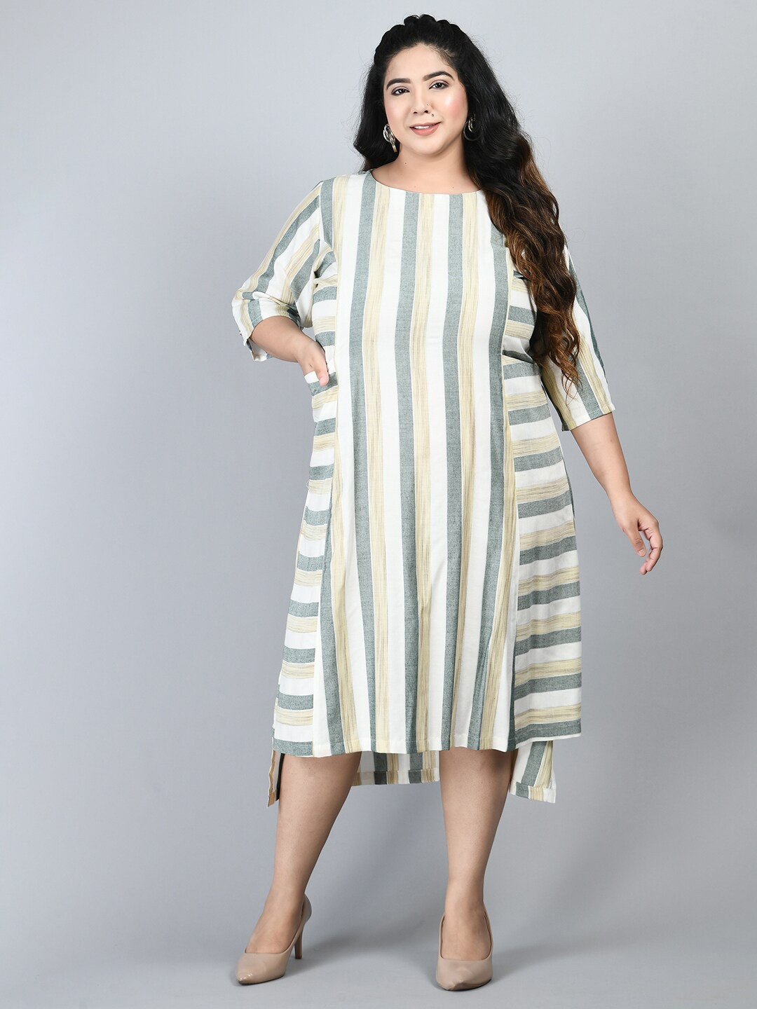 

PrettyPlus by Desinoor.com Plus Size Green & White Striped A-Line Midi Dress
