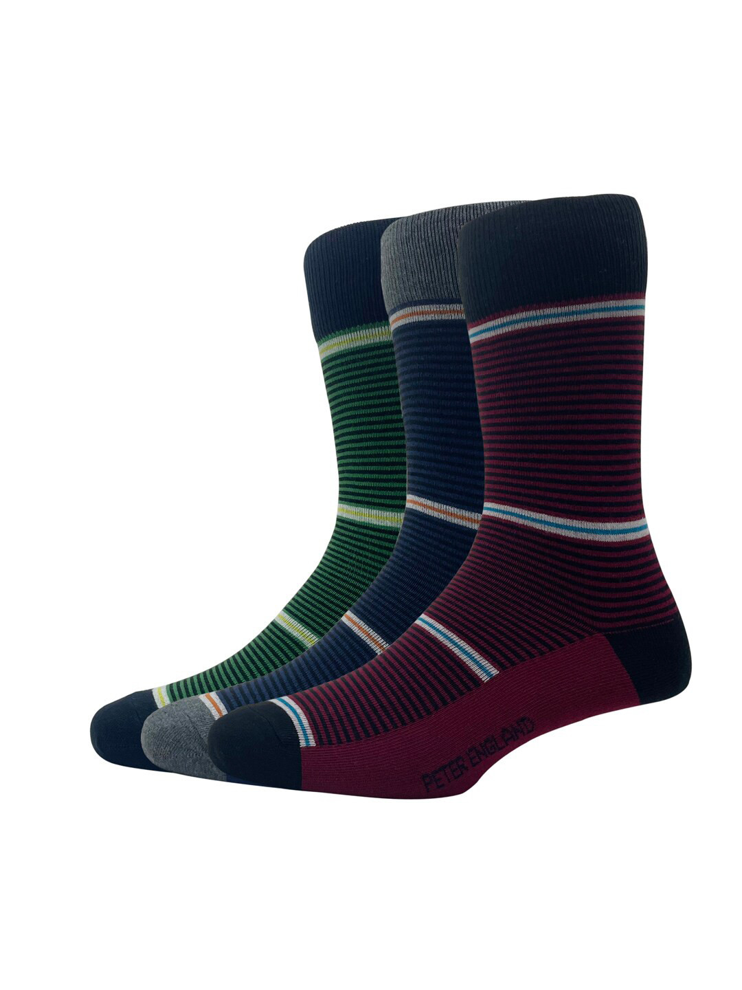 

Peter England Men Pack Of 3 Striped Calf-Length Socks, Blue