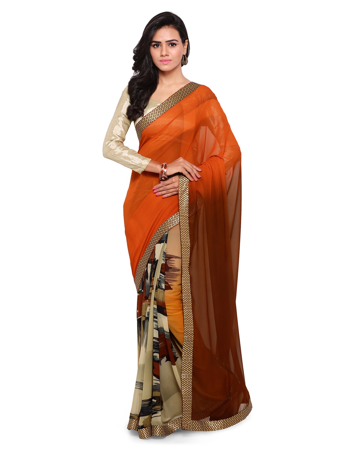 

Kalista Brown Poly Georgette Printed Banarasi Saree