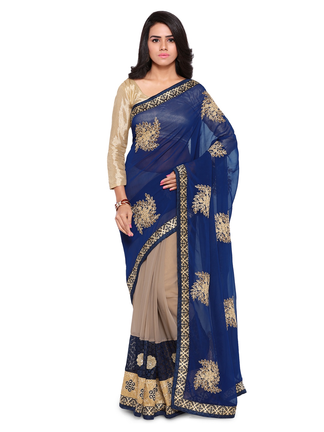 

Kalista Blue & Beige Poly Georgette Embroidered Saree