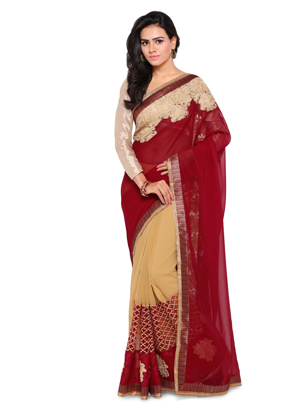 

Kalista Maroon & Beige Poly Georgette Embroidered Saree