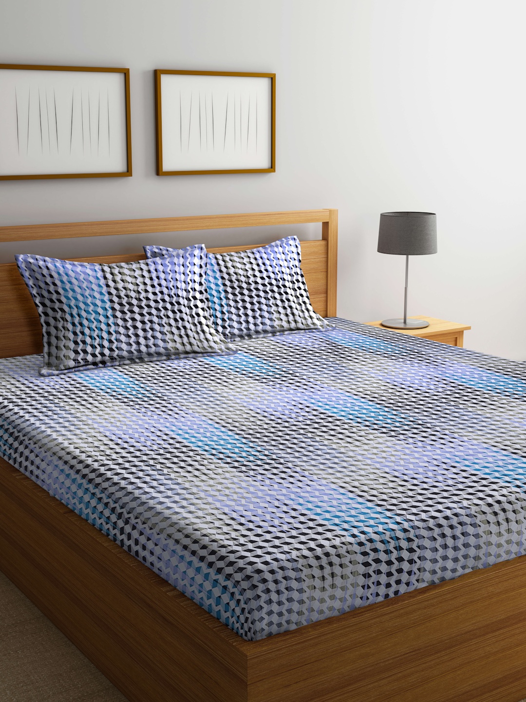 

BOMBAY DYEING Florentine Blue & White Geometric 144 TC King Bedsheet with 2 Pillow Covers