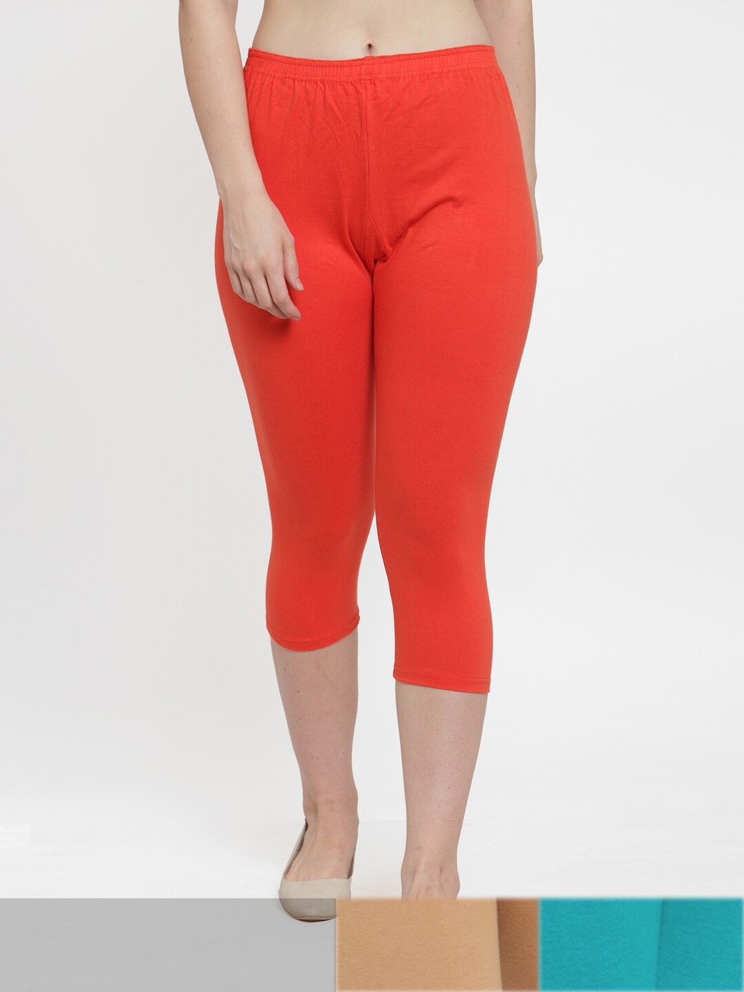 

Jinfo Women Orange & Nude-Coloured Pack Of 3 Solid Capris