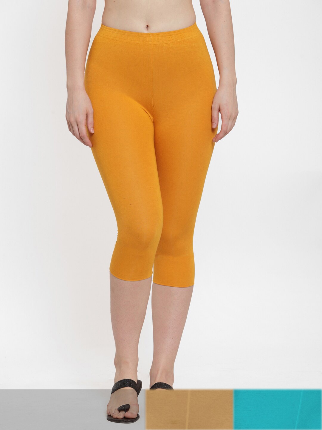 

Jinfo Women Pack Of 3 Cotton Capris, Yellow