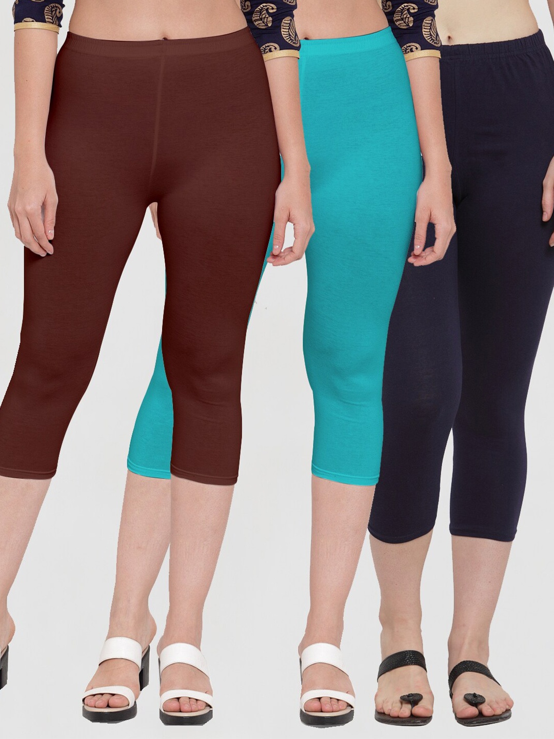 

Jinfo Women Navy Blue & Brown Pack Of 3 Solid Capris