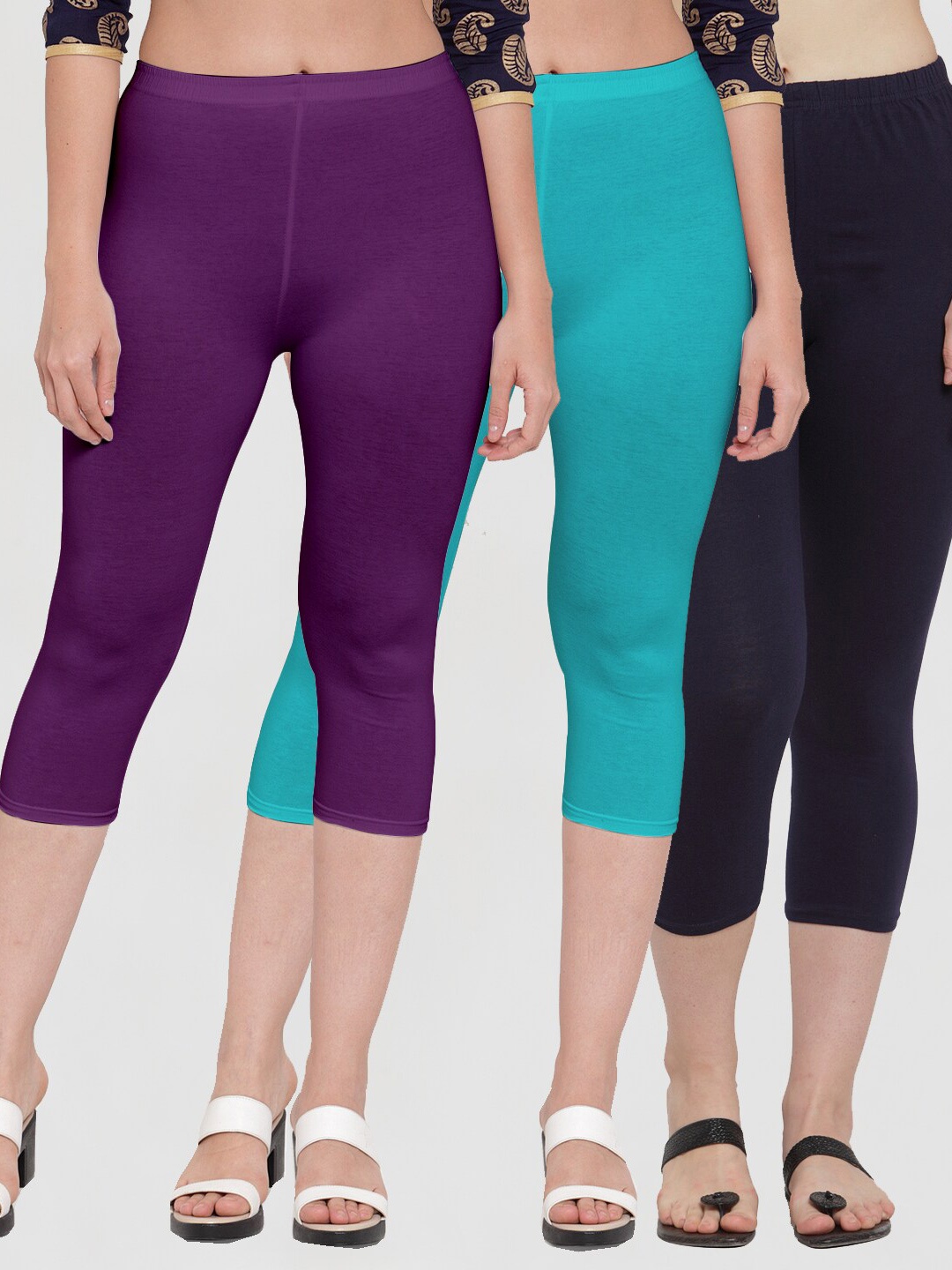 

Jinfo Women Purple & Navy Blue Pack Of 3 Solid Capris