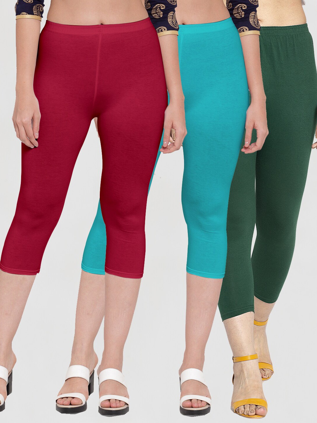 

Jinfo Women Green & Maroon Pack Of 3 Solid Capris